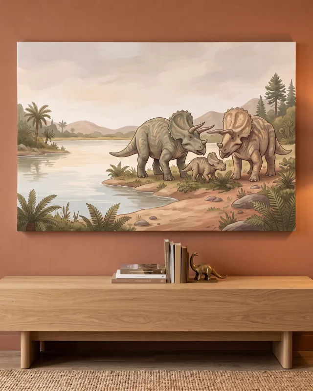 Leinwandbild – Triceratopsfamilie am Flussufer