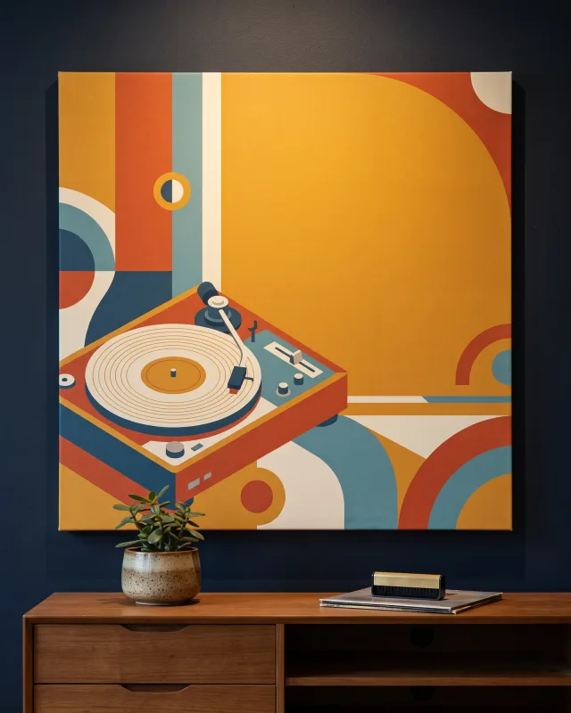 Leinwandbild – Plattenspieler in geometrischer Retro-Illustration