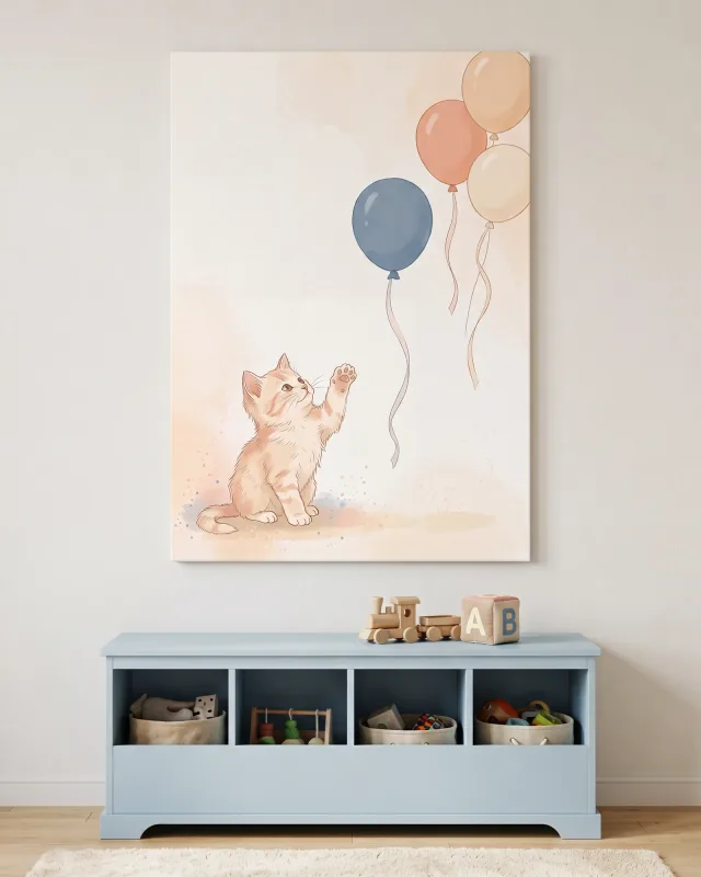 Leinwandbild – Verspieltes Kätzchen mit Luftballons
