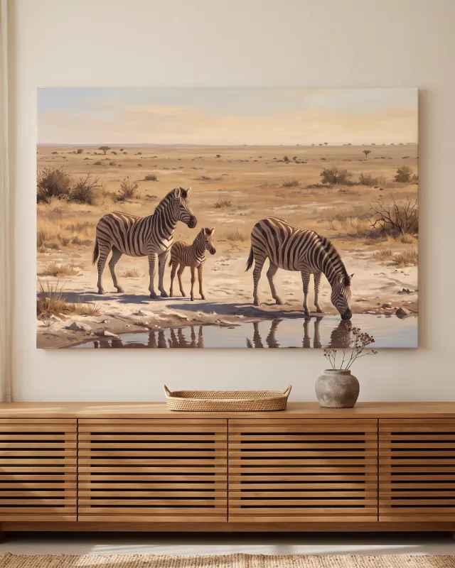 Leinwandbild – Zebras an der Wasserstelle