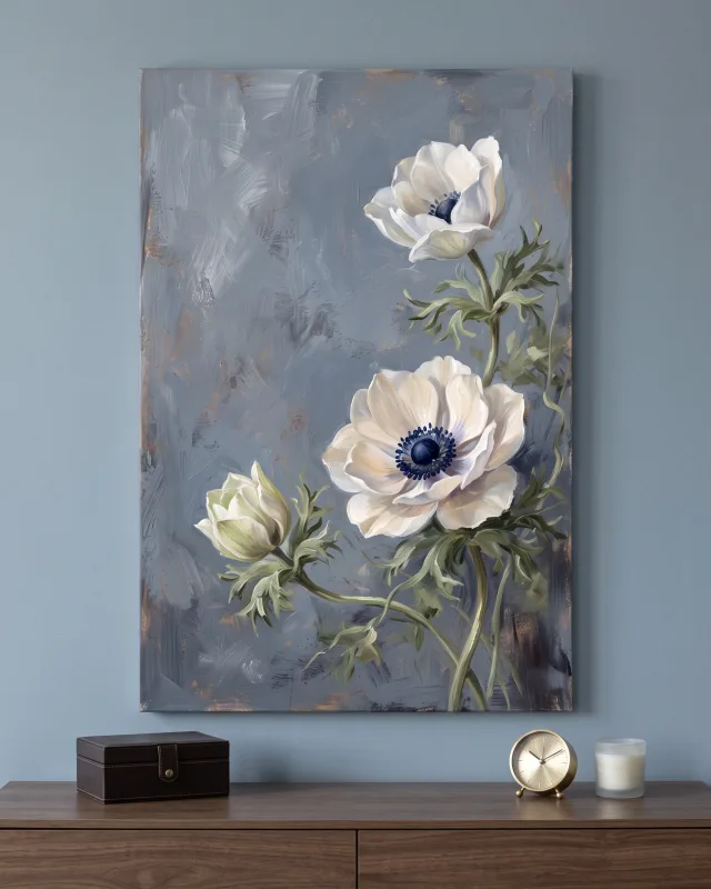 Leinwandbild – Anemonen im diagonalen Blütenbogen