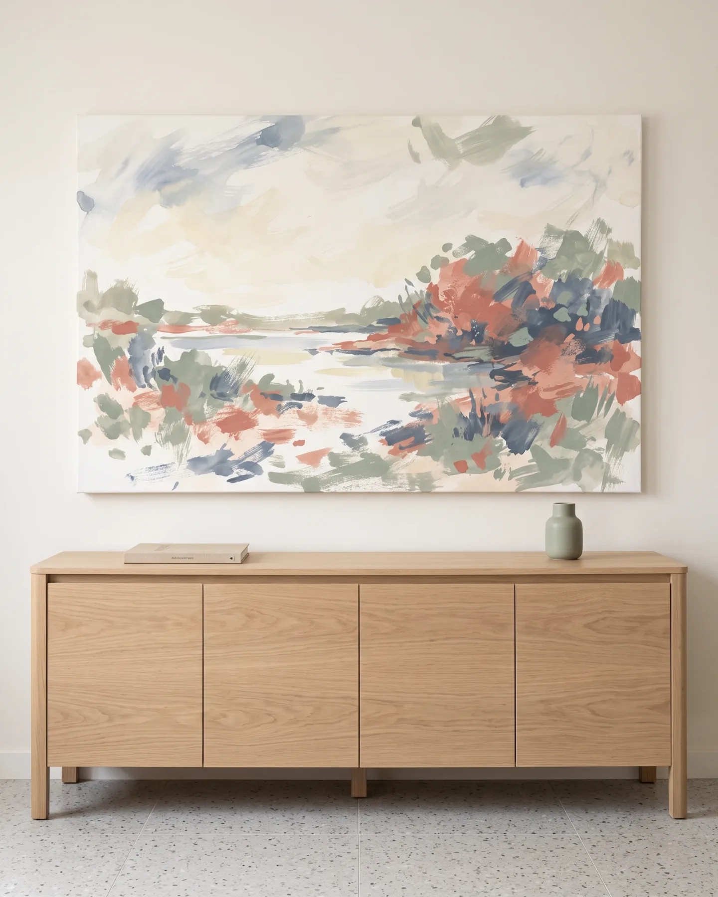 Leinwandbild – Abstrakte Landschaft in Creme, Salbeigrün und Koralle