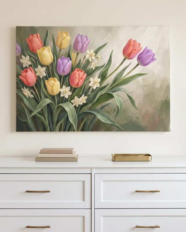Leinwandbild – Tulpen und weiße Blüten vor hellem Hintergrund