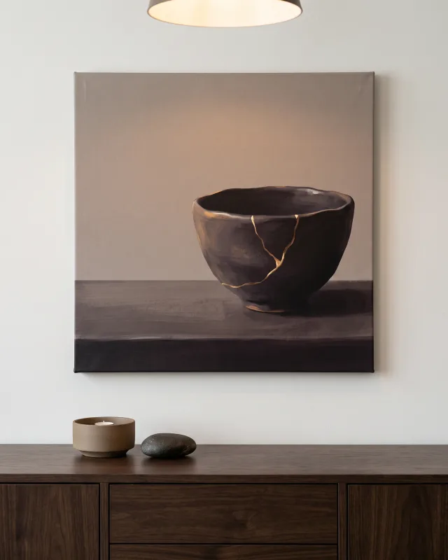 Leinwandbild – Dunkle Keramikschale mit goldenen Linien