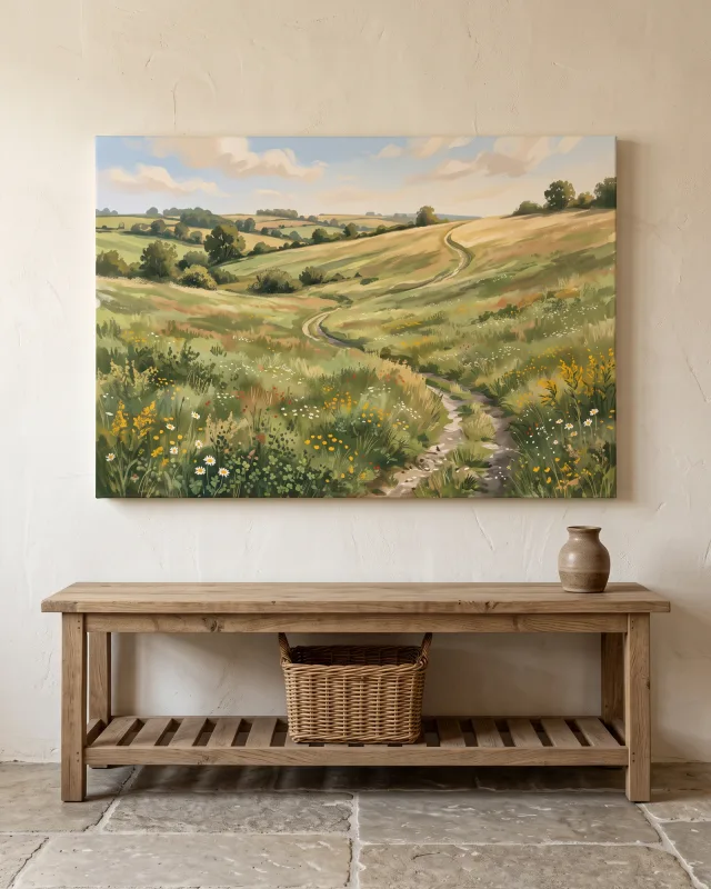 Leinwandbild – Wiesenpfad mit weißen und gelben Blüten