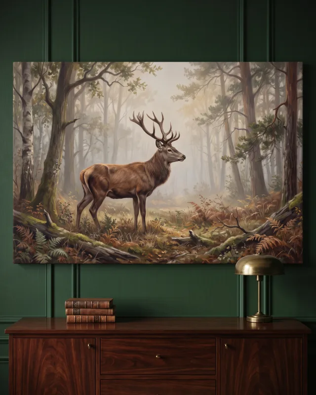 Leinwandbild – Hirsch mit Geweih zwischen hohen Bäumen