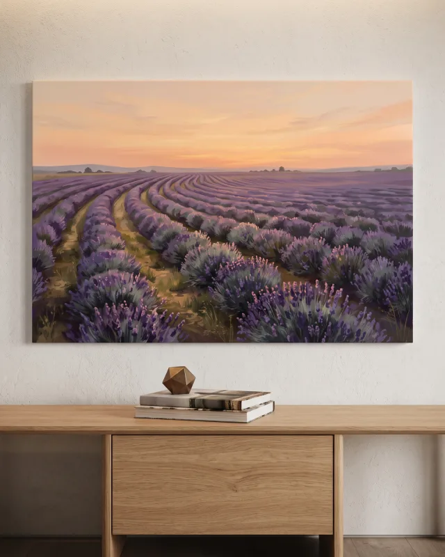 Leinwandbild – Lavendelfeld im Abendlicht