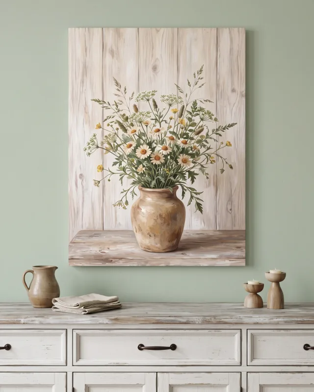 Leinwandbild – Wiesenblumen in einer hellbraunen Keramikvase