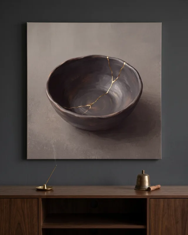 Leinwandbild – Dunkle Schale mit goldener Reparaturspur