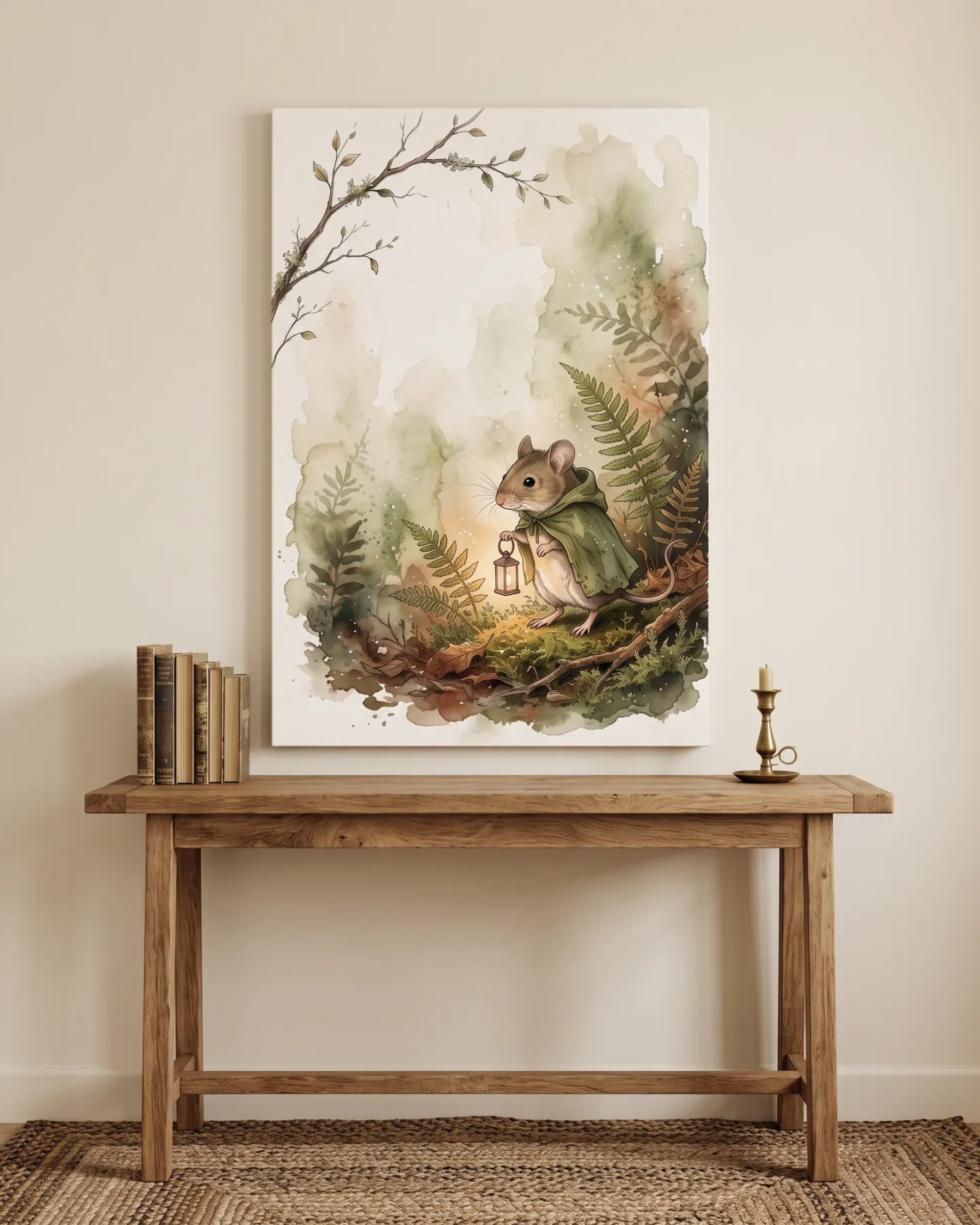 Leinwandbild – Maus mit Laterne in einer Aquarell-Waldszene