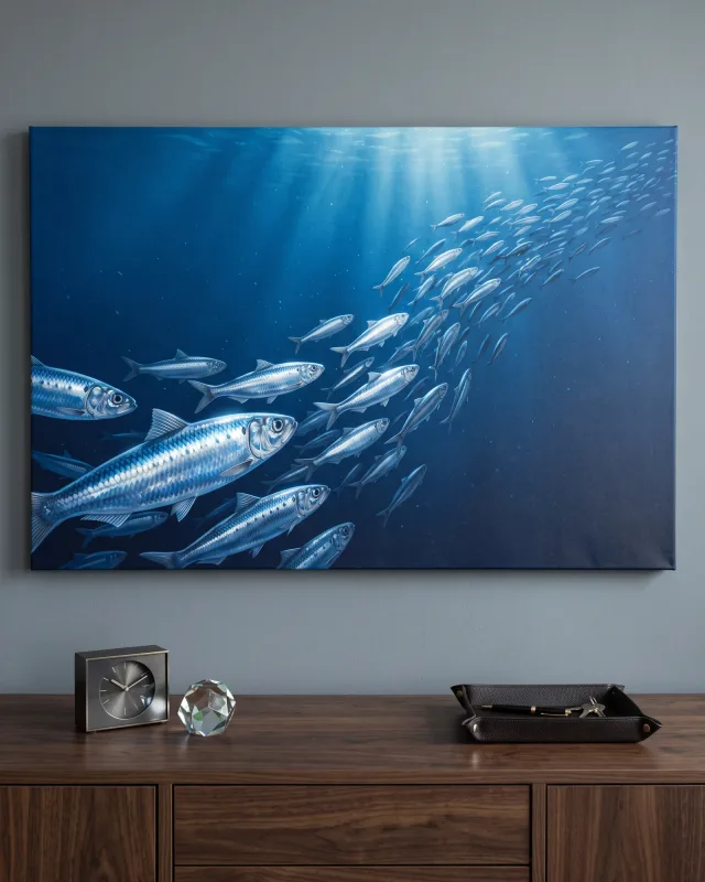 Leinwandbild – Silberne Fischschwarm in tiefblauem Wasser