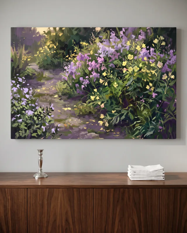 Leinwandbild – Gartenpfad im Wechsel von Gelb und Violett