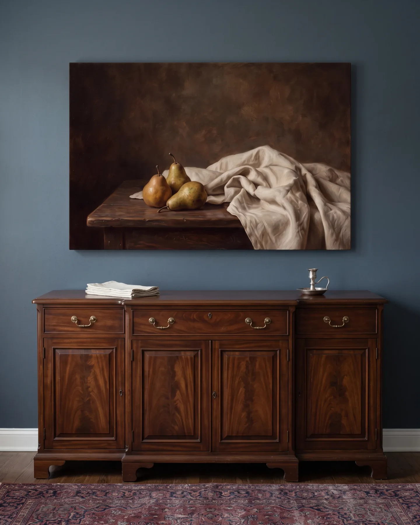Canvas print – Three Pears beside a White Folded Cloth