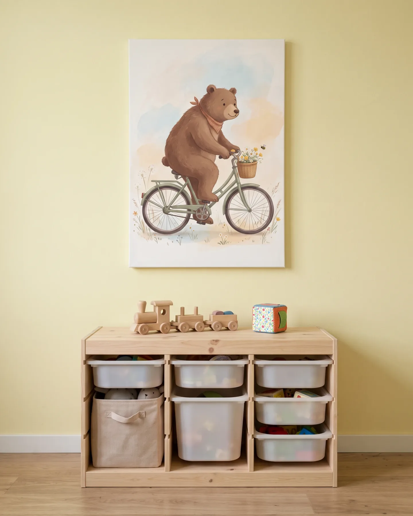 Leinwandbild – Bär mit Gänseblümchen auf dem Rad