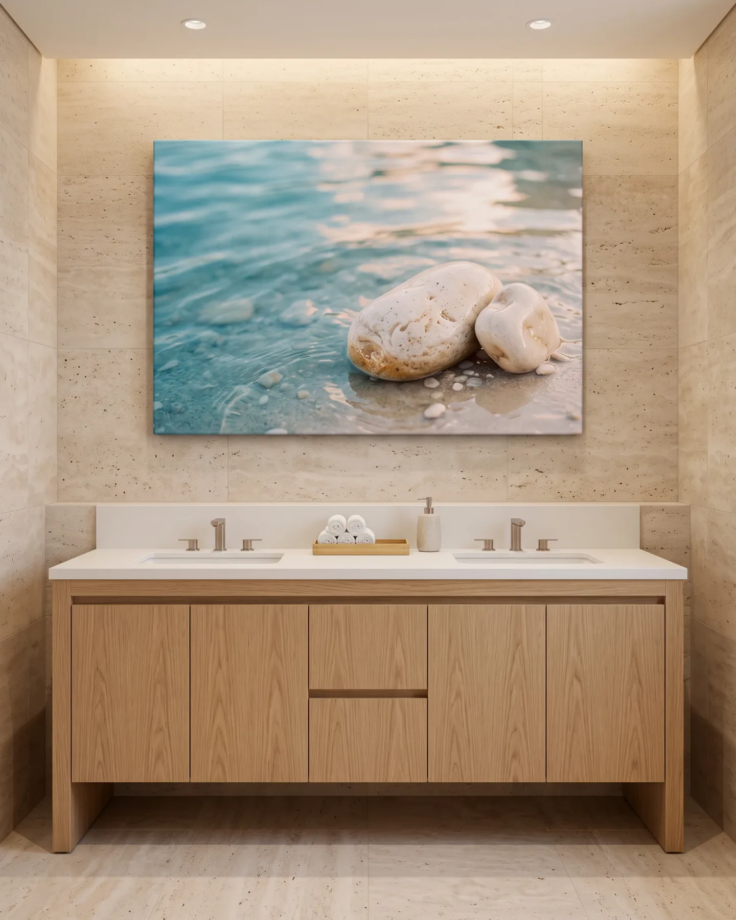 Leinwandbild – Kleine Steine unter sanften Wasserwellen