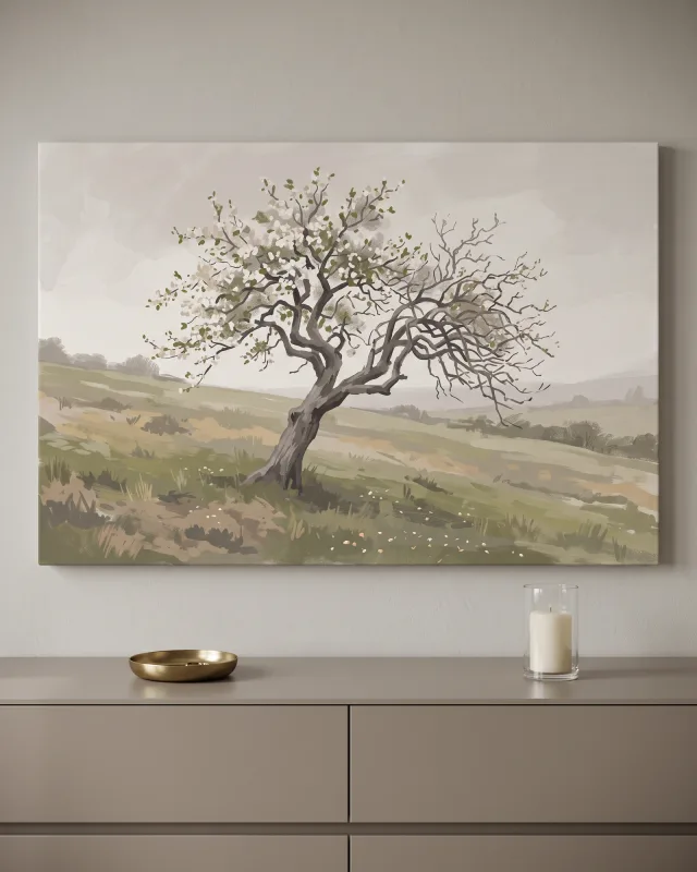 Leinwandbild – Blühender Baum in sanfter Hügellandschaft