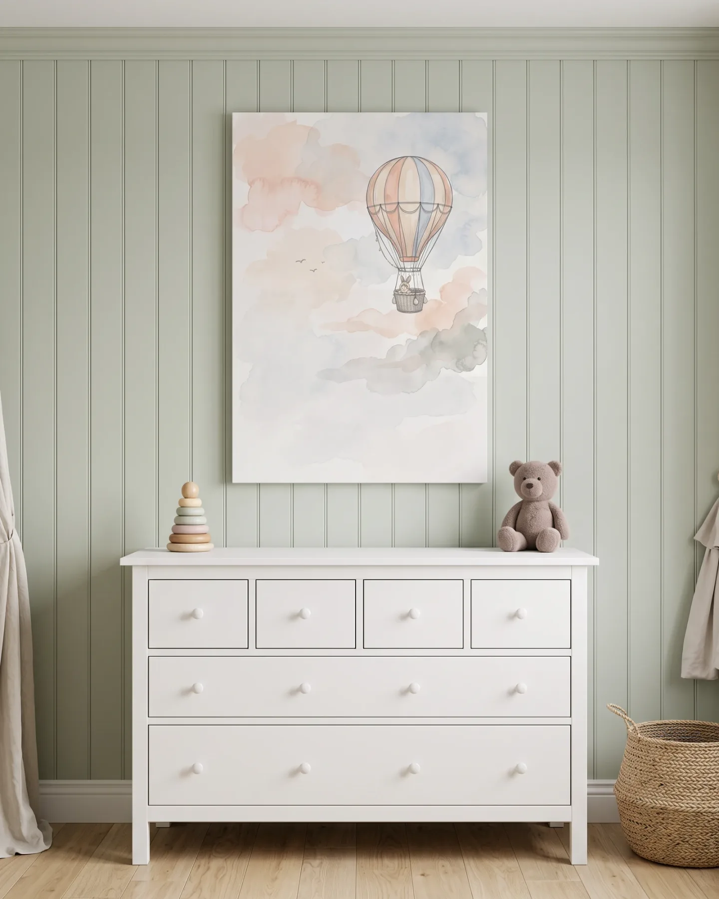 Leinwandbild – Hase im Heißluftballon über pastellfarbenen Wolken