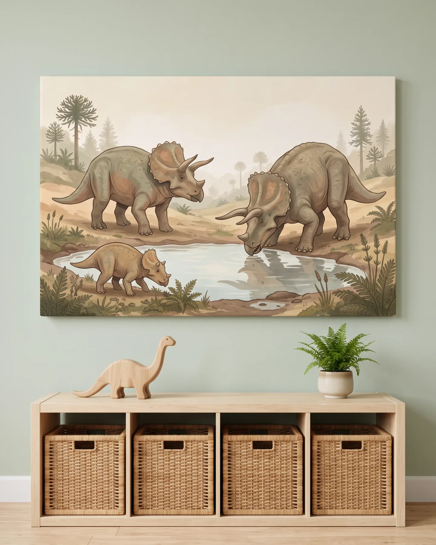 Leinwandbild – Triceratops-Familie am Wasser