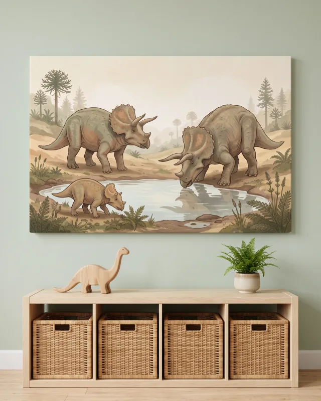 Leinwandbild – Triceratops-Familie am Wasser