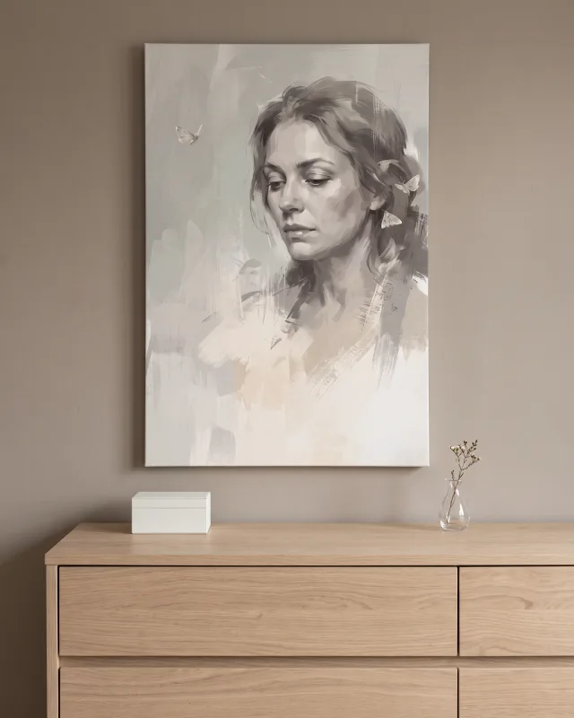 Leinwandbild – Frauenporträt mit Schmetterlingen in Beige und Grau