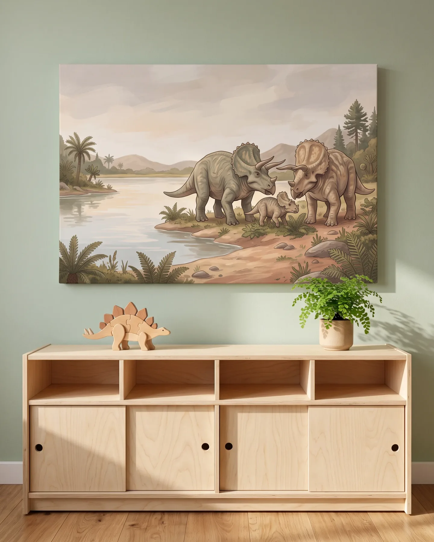 Leinwandbild – Triceratopsfamilie am Flussufer