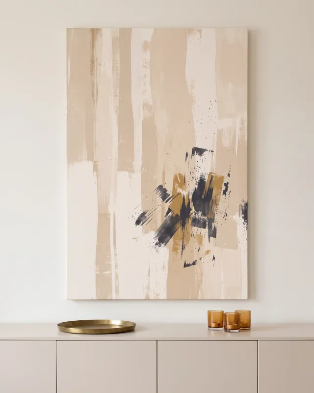 Leinwandbild – Abstrakte Pinselspuren in Beige, Ocker und Anthrazit