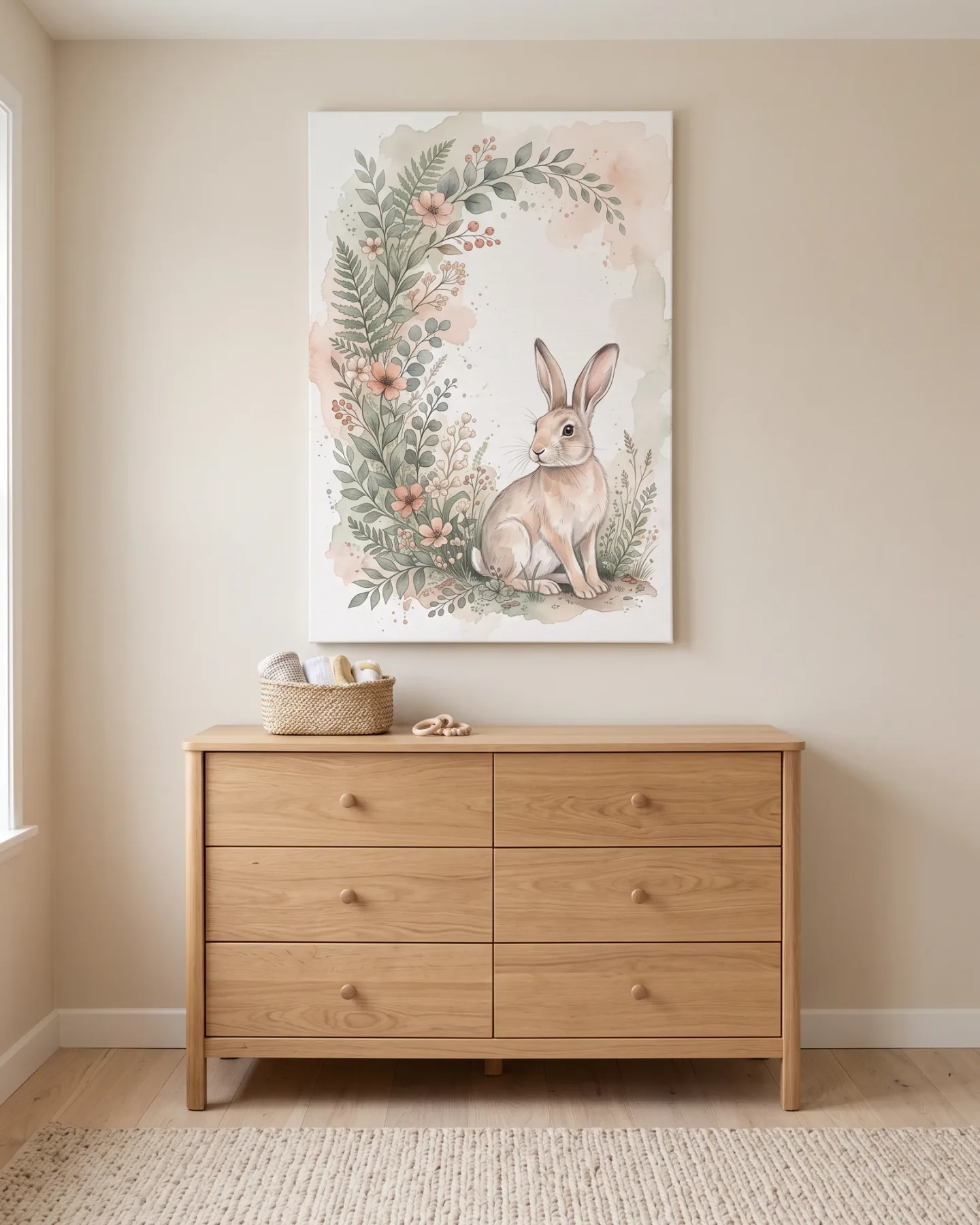Leinwandbild – Hase im zarten Pflanzenbogen