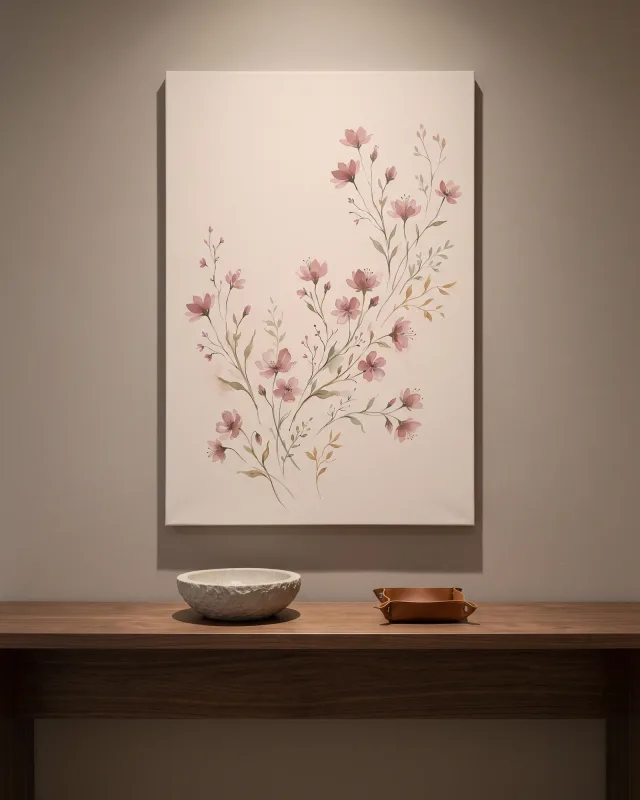 Canvas print – Pink Floral Diagonal with Golden-Green Leaves