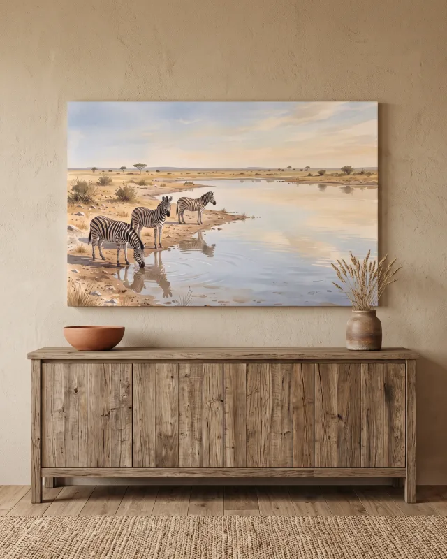 Leinwandbild – Zebras am Wasserloch