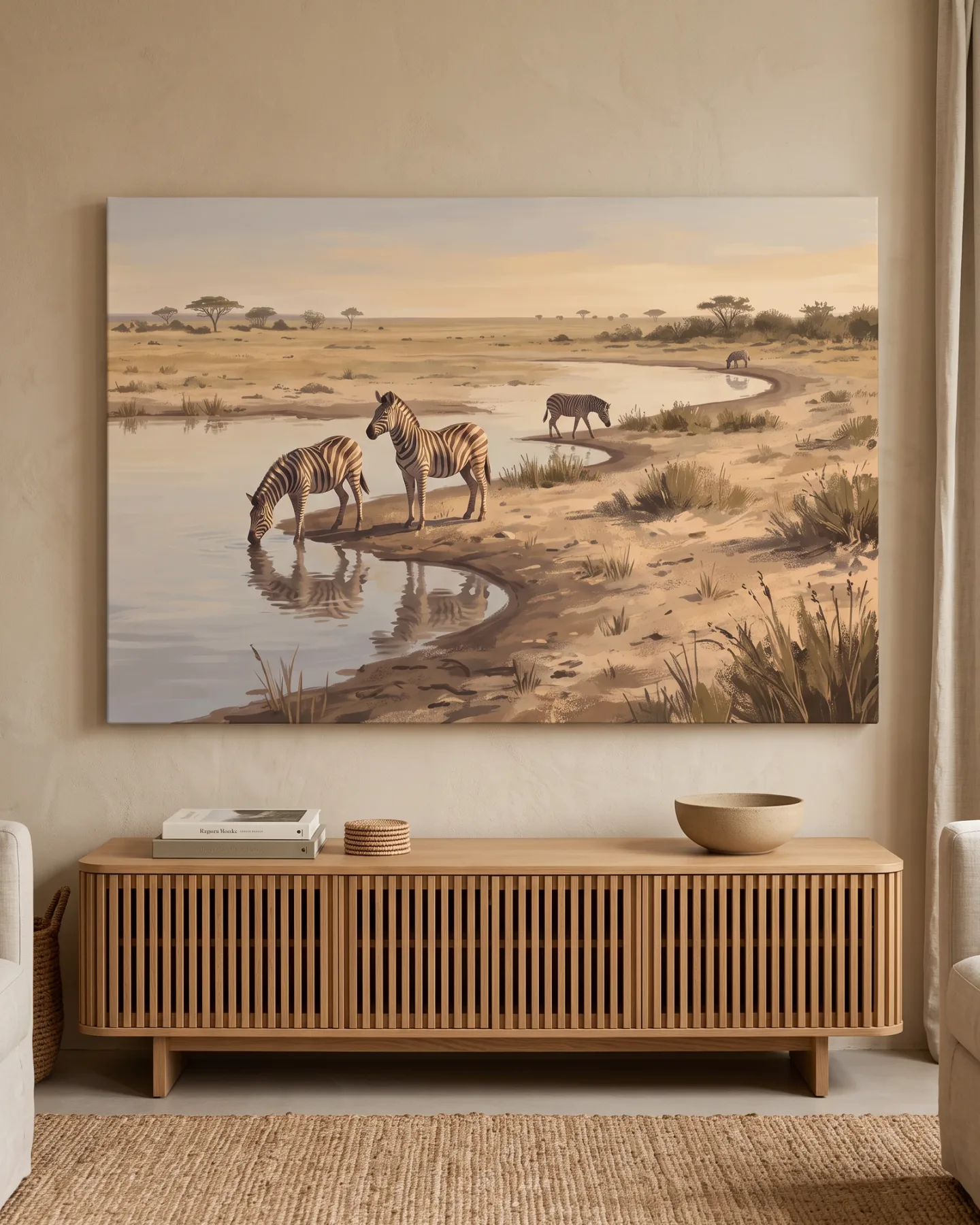 Leinwandbild – Zebras am Wasserloch