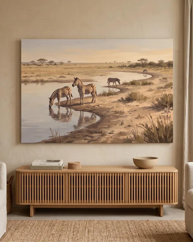 Leinwandbild – Zebras am Wasserloch