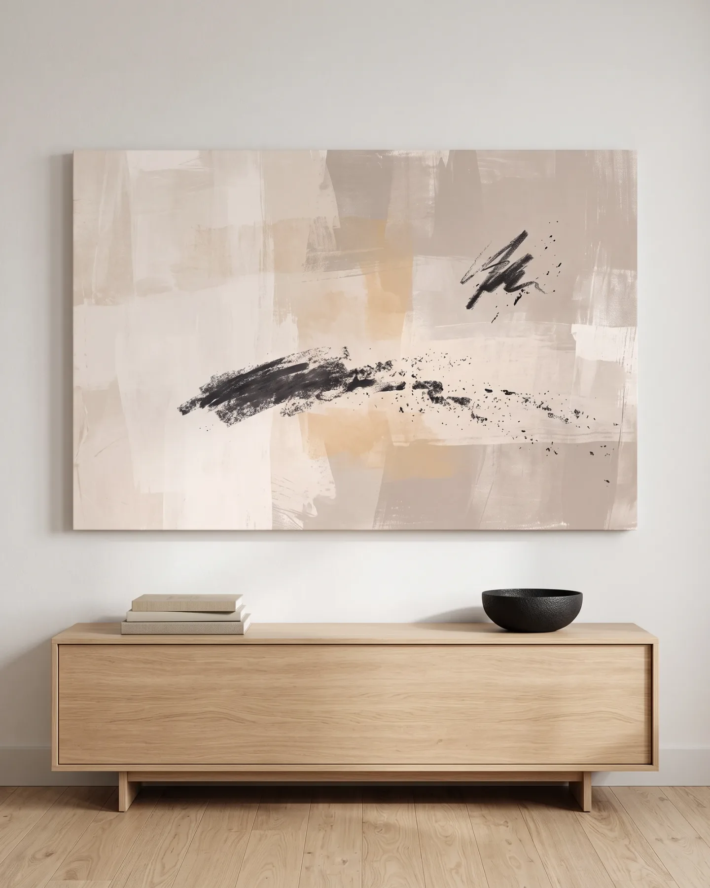 Leinwandbild – Abstrakte Pinselspuren in Beige und Schwarz