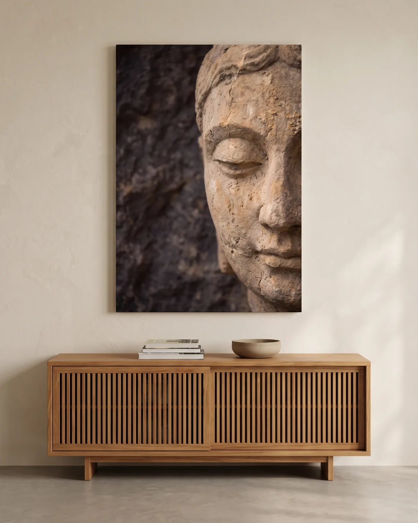 Canvas print – Weathered Stone Face with Closed Eyes