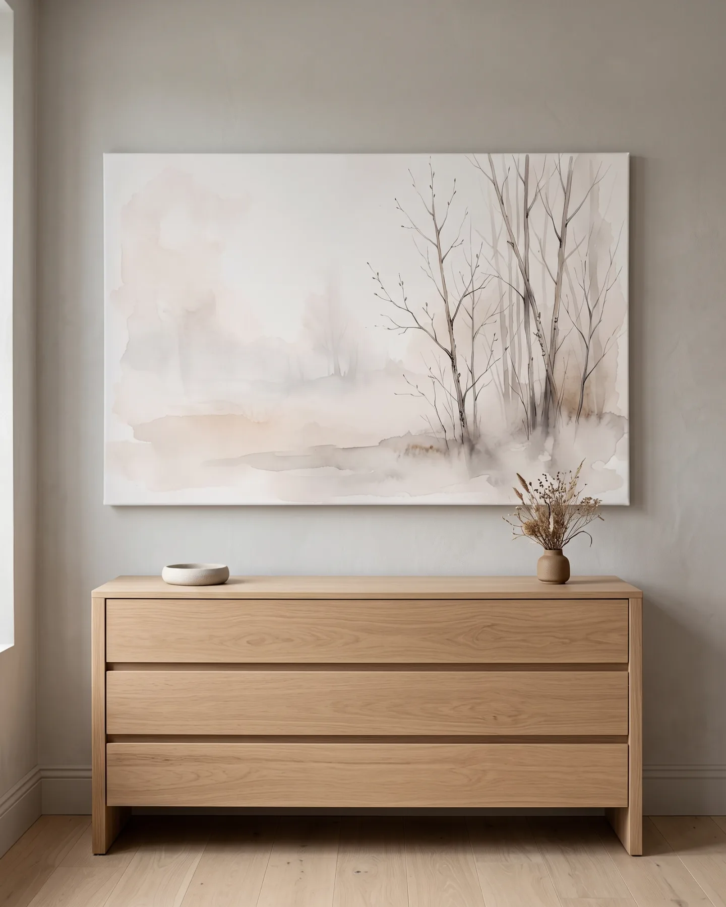 Leinwandbild – Kahle Bäume in nebliger Aquarelllandschaft