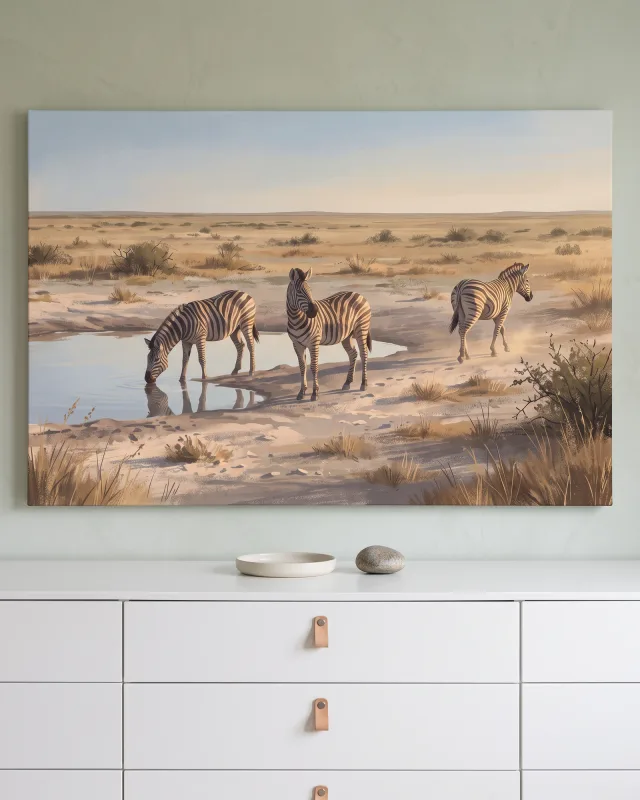 Leinwandbild – Zebras an der Wasserstelle