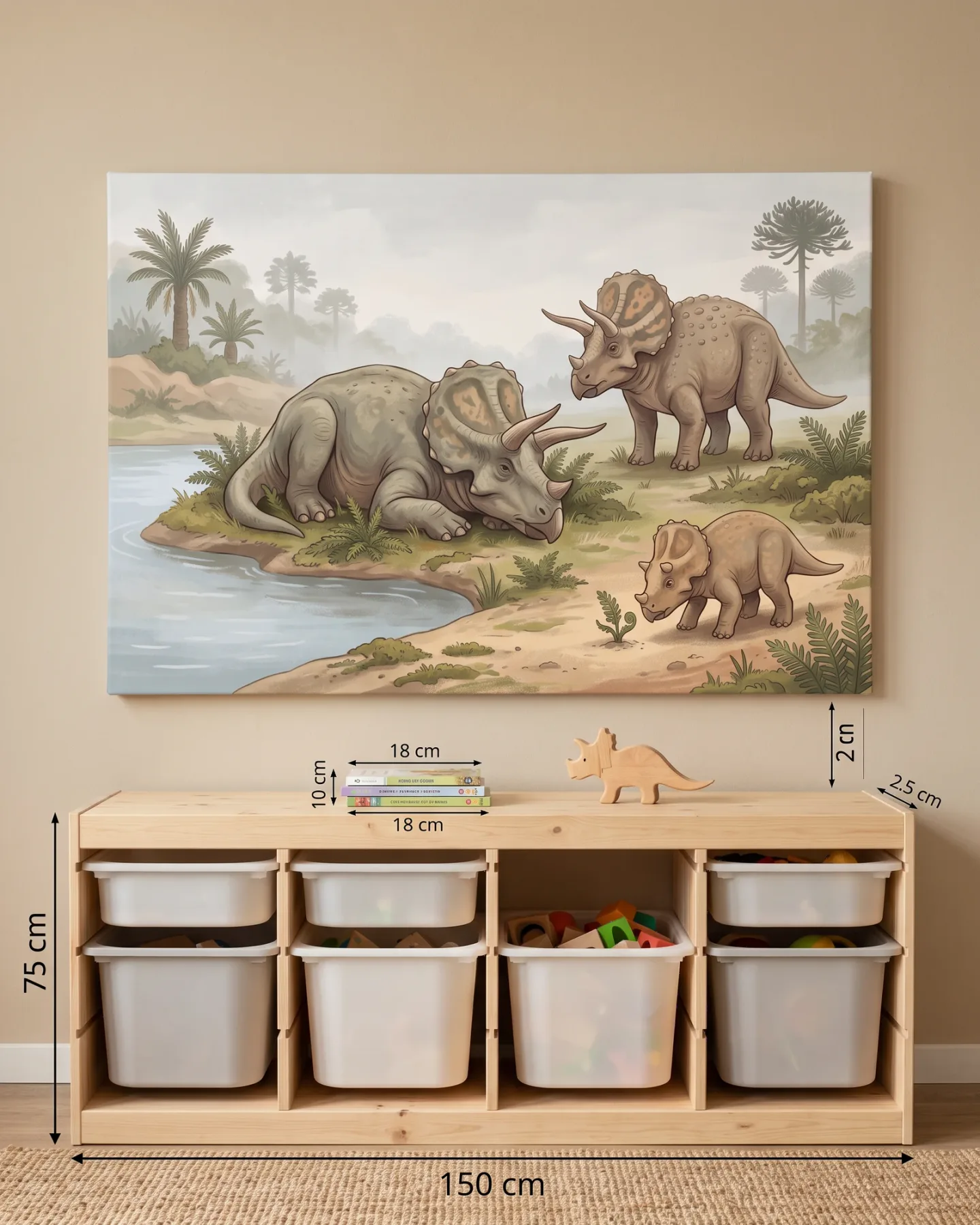 Leinwandbild – Familie von Triceratops am Wasser