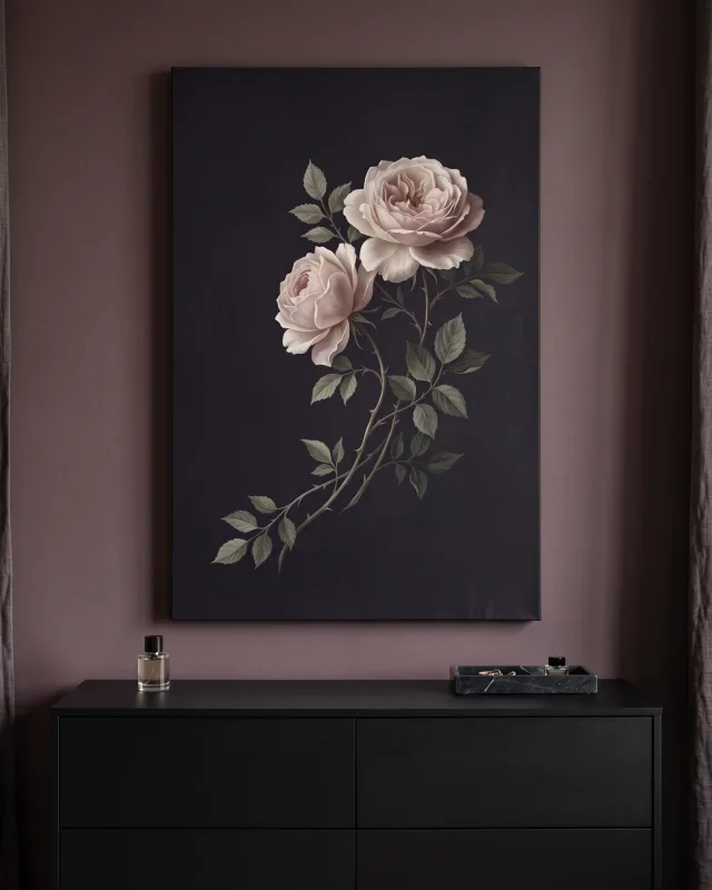 Leinwandbild – Rosa Rosen vor tiefdunklem Hintergrund