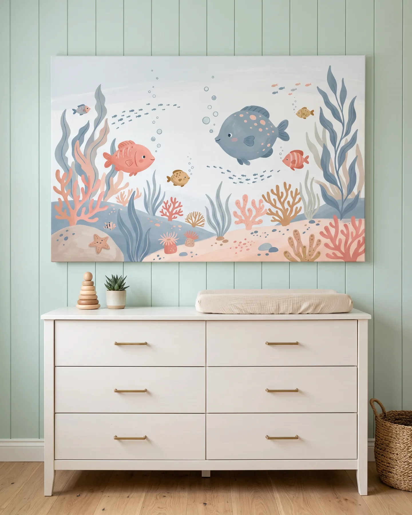 Leinwandbild – Runder blauer Fisch im Pastellmeer