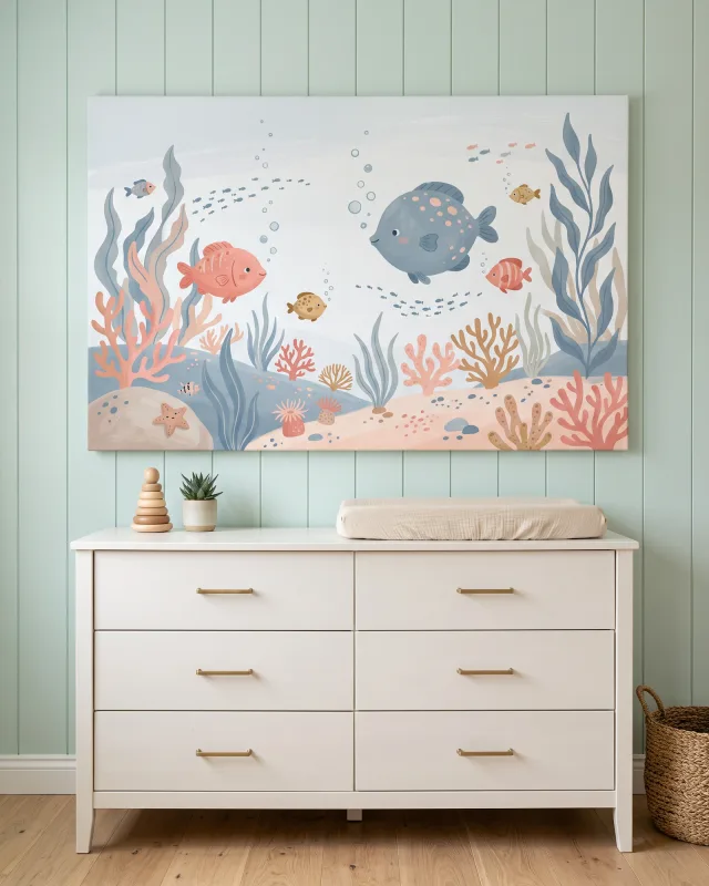 Leinwandbild – Runder blauer Fisch im Pastellmeer