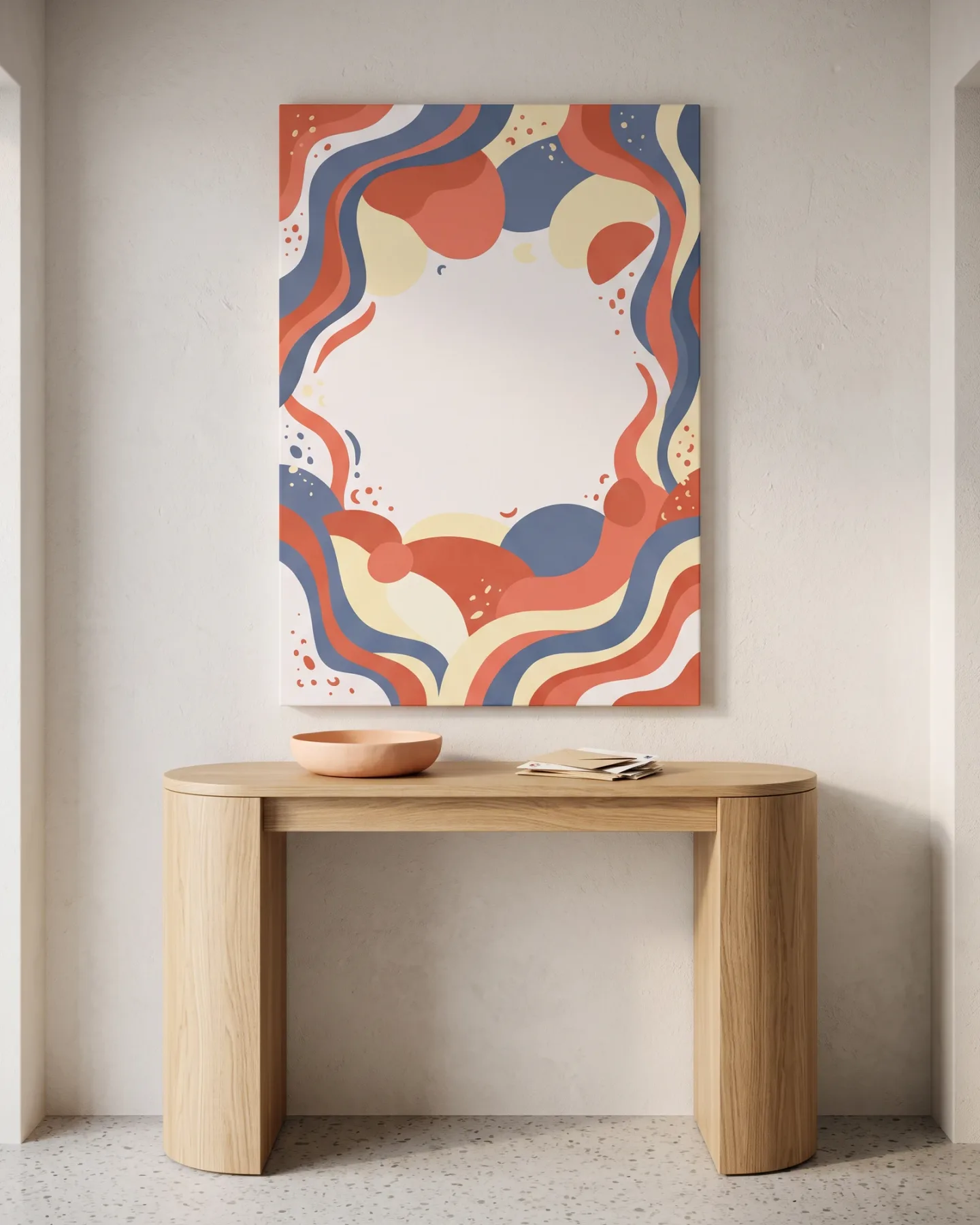 Leinwandbild – Denimblaue Wellen mit Terrakotta und Sicheln