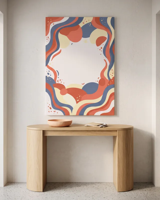 Leinwandbild – Denimblaue Wellen mit Terrakotta und Sicheln