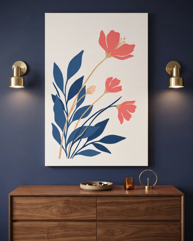 Canvas print – Floral Illustration with Coral Pink Flowers and Blue Leaves