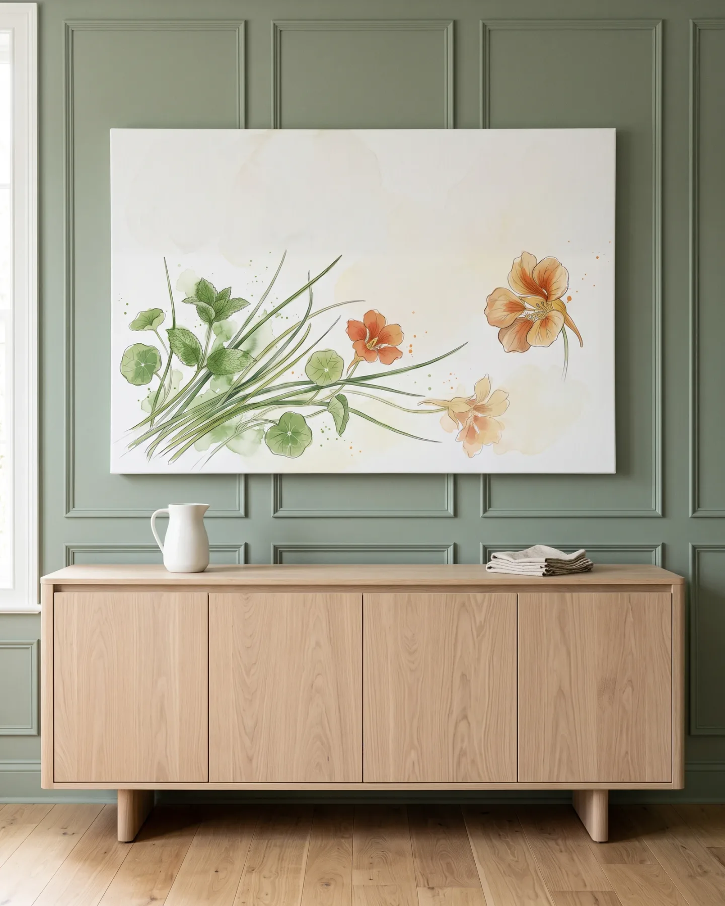 Canvas print – Watercolor blooms among green leaves
