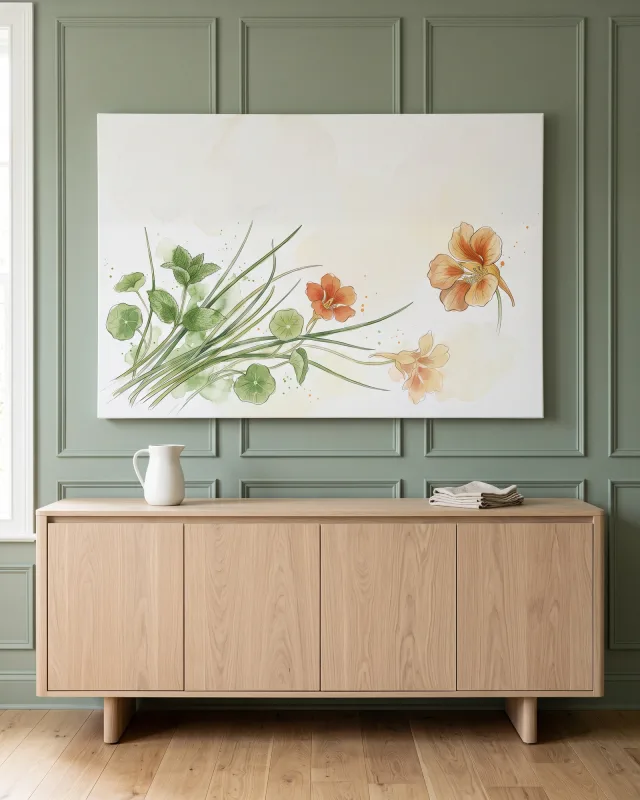Leinwandbild – Aquarellblüten zwischen grünen Blättern