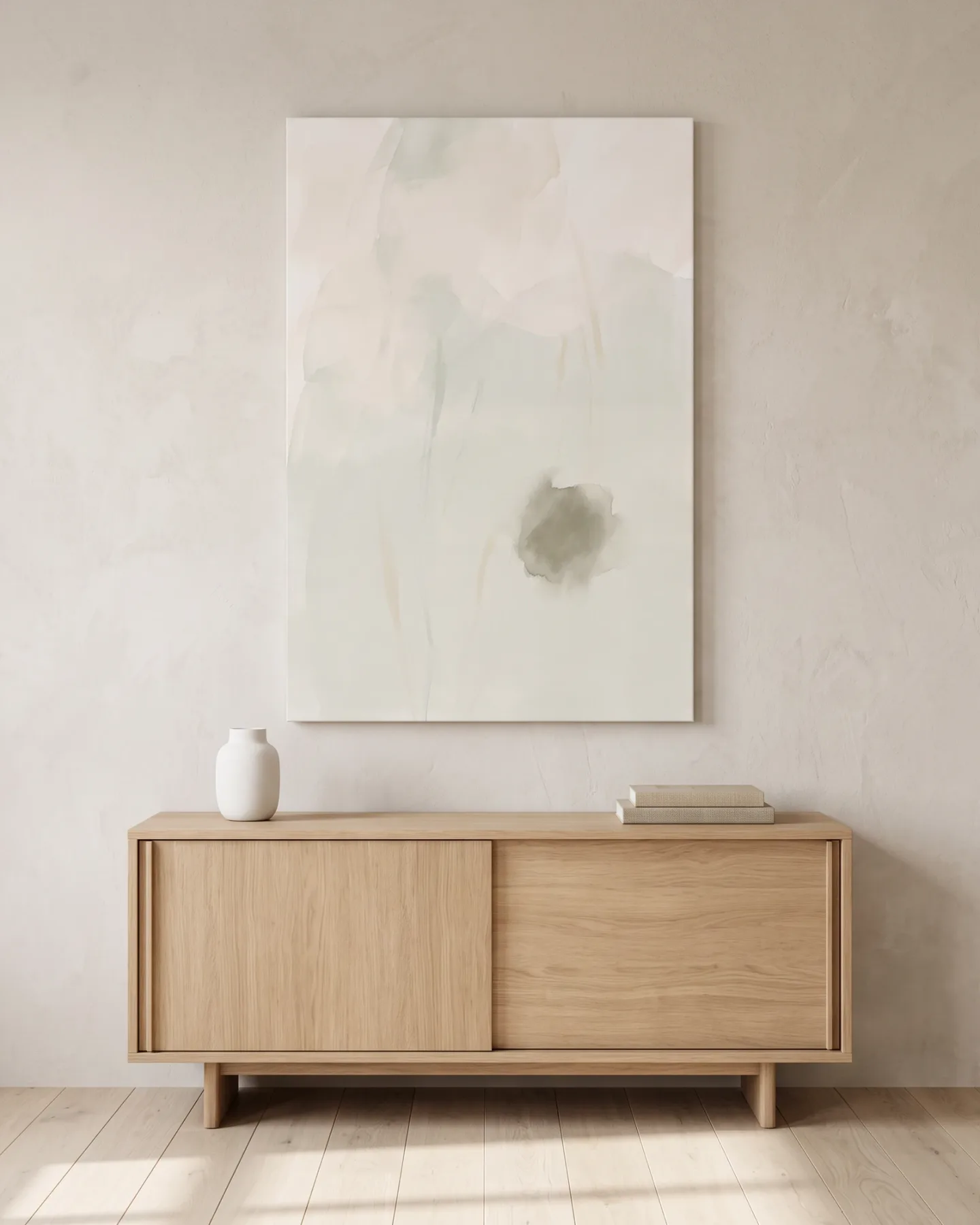 Leinwandbild – Abstrakte Aquarellflächen in Creme und Salbeigrün