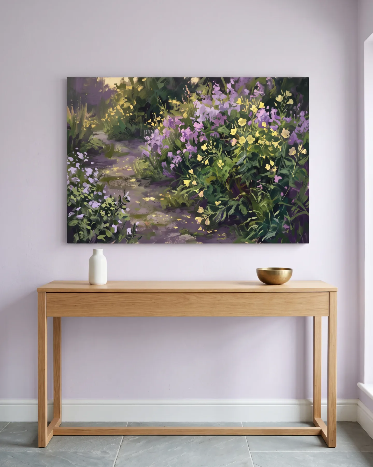 Leinwandbild – Gartenpfad im Wechsel von Gelb und Violett
