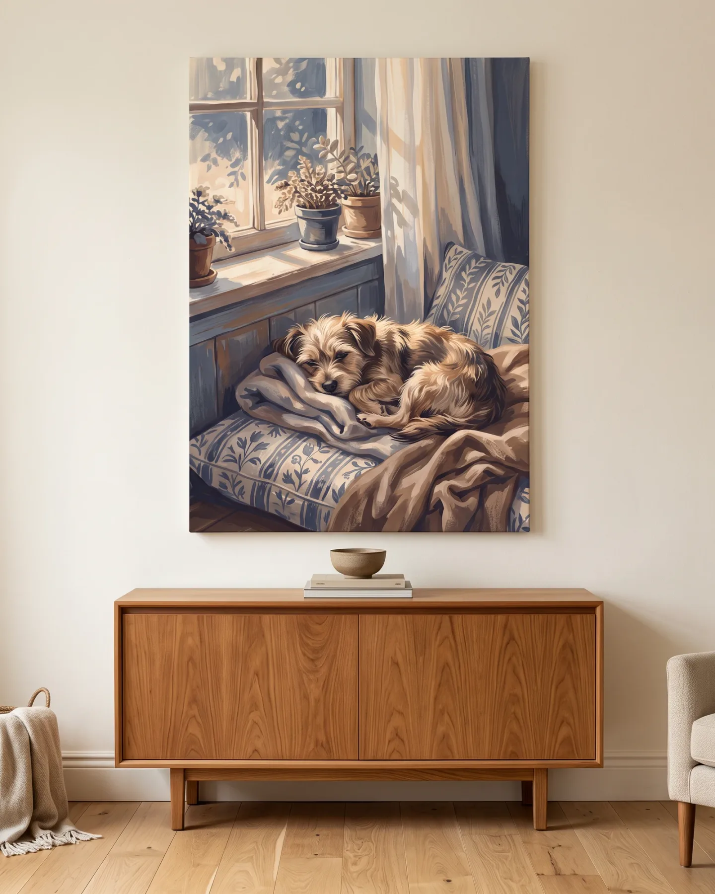 Canvas print – Dog on a Blue-White Cushion by the Window