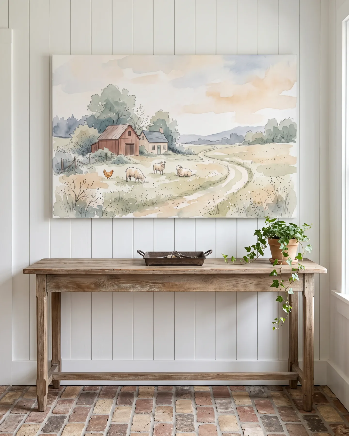 Leinwandbild – Aquarell einer Farm mit Schafen und Huhn