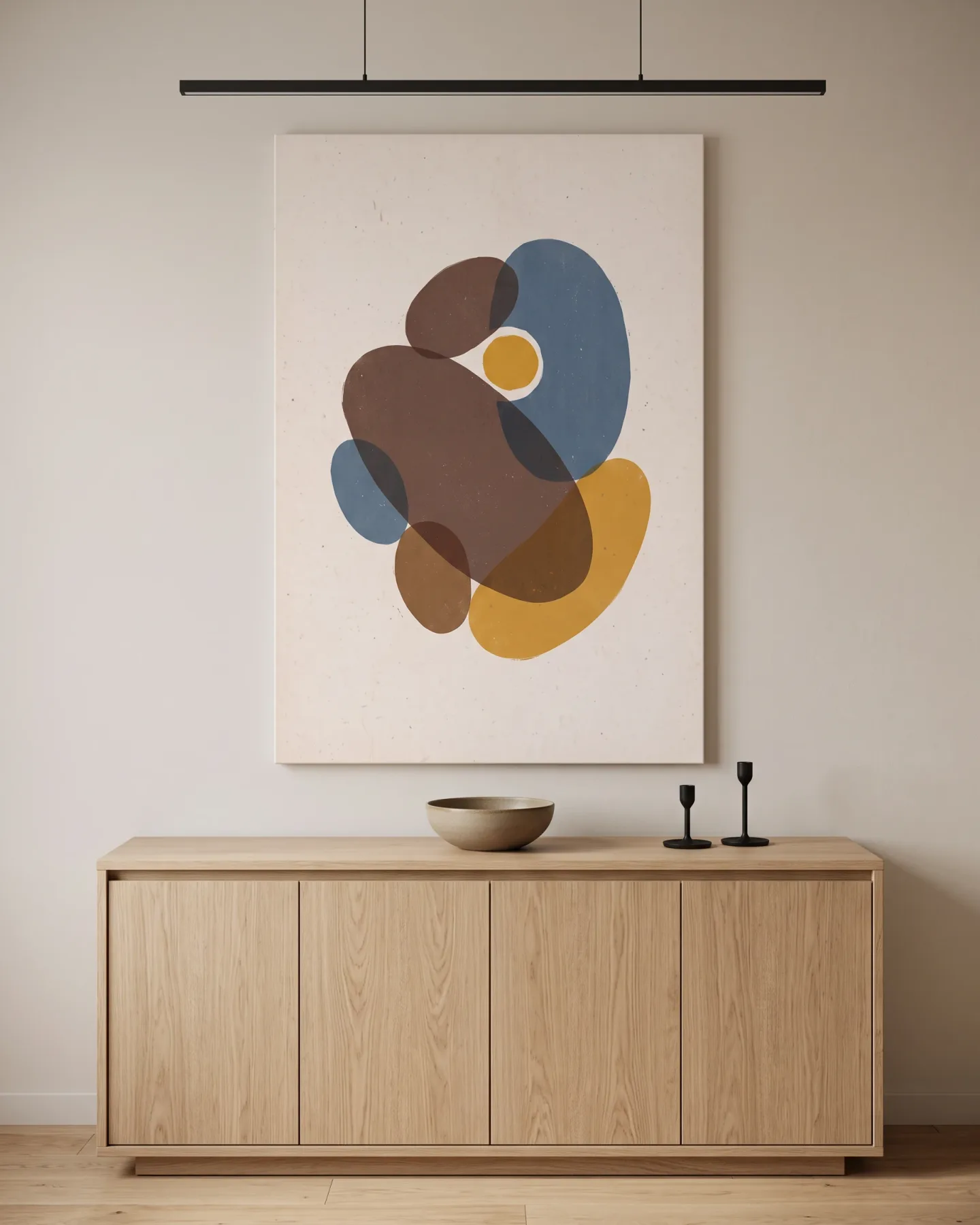 Leinwandbild – Graublaue Rundformen mit senfgelbem Schwung