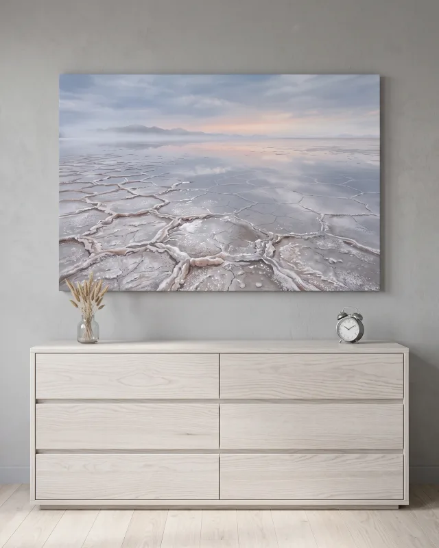 Leinwandbild – Pastellfarbene Salzwüste mit Bergsilhouette